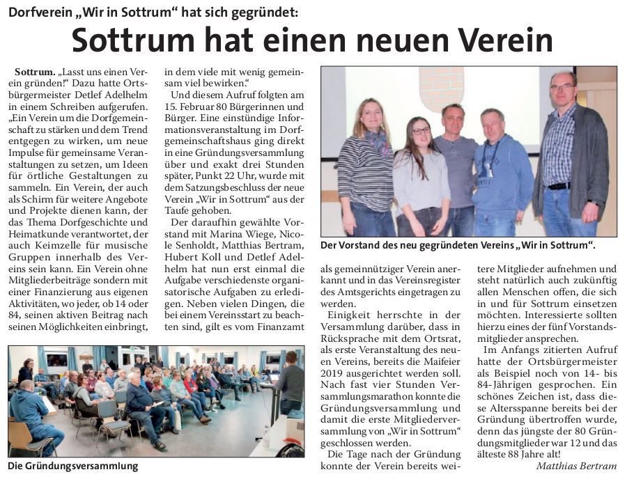 Zeitungsartikel über die Gründung des Heimatvereins Wir in Sottrum